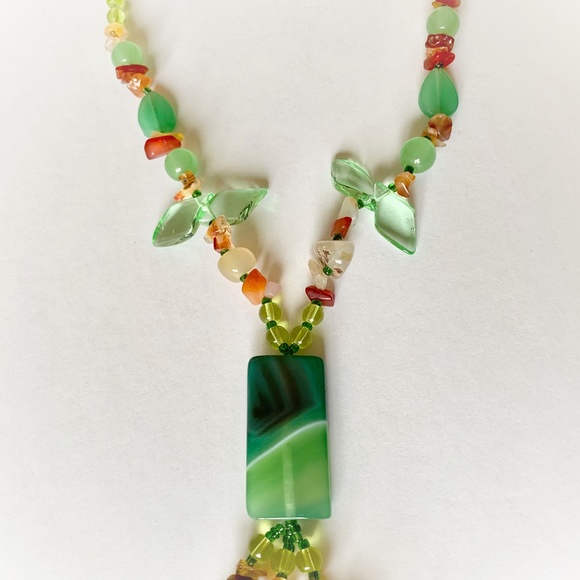 ✨FINAL PRICE✨VTG Green Agate Yellow Red Orange Quartz Glass Bead Tassel Necklace - Picture 6 of 7